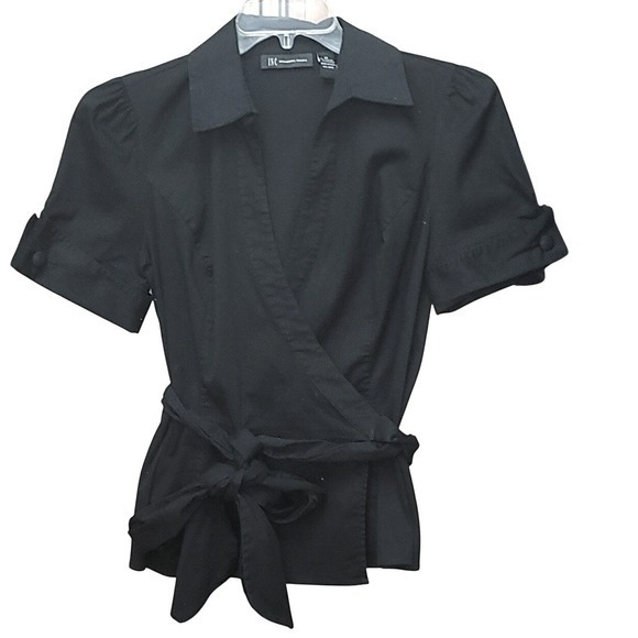 INC Black Wrap Short Sleeve Tie Waist Shirt Top 10 Minimalist Office Workwear - Picture 2 of 11